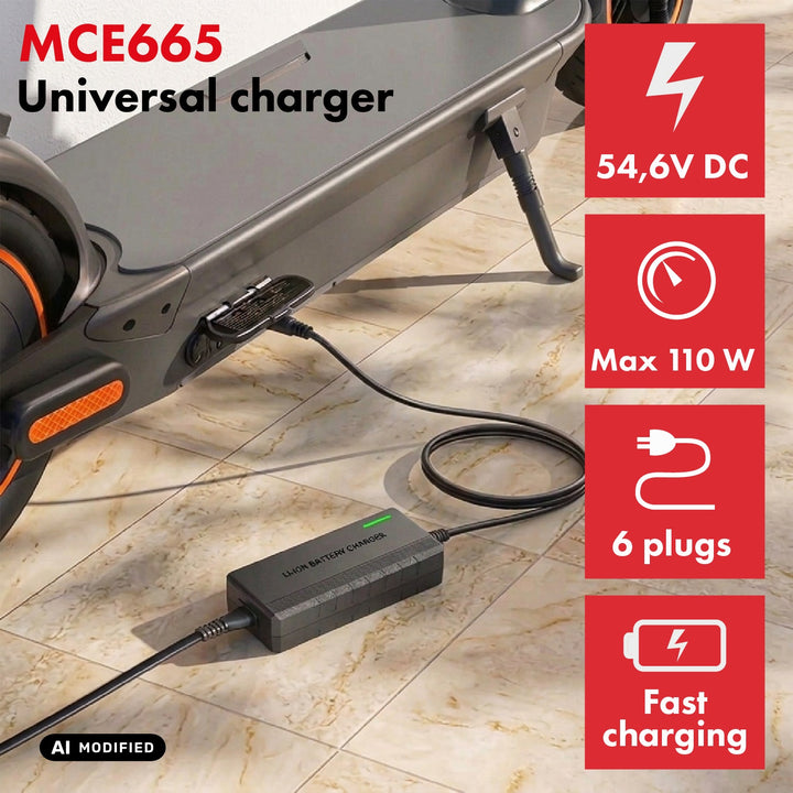 Universelles Ladegerät / Netzteil von Maclean Energy, für E-Scooter, 54,6 V DC, 2 A, max. 110 W, Schnellladung, 6 Stecker, MCE665