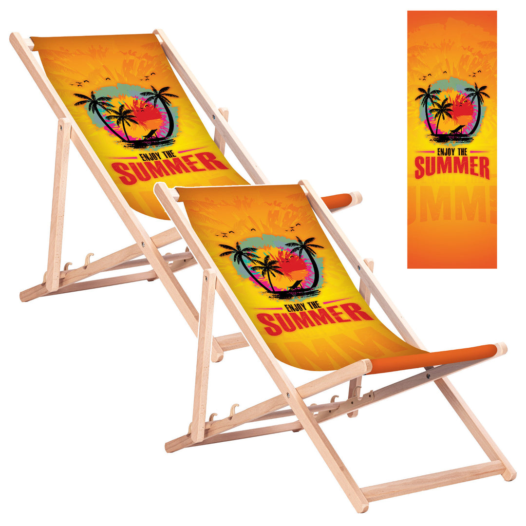Klassischer Liegestuhl aus Buchenholz GreenBlue GB183 mit dem Aufdruck „Enjoy The Summer“, 2 Stück
