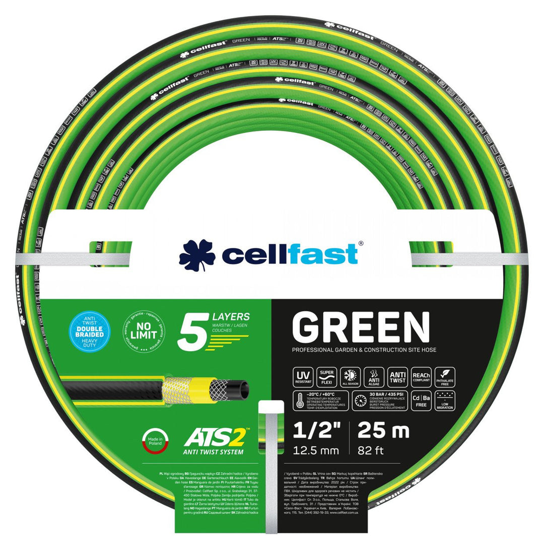 Schlauchwagen Cellfast Aluplus 1/2" 60 m + Gartenschlauch Cellfast Green ATS2 1/2" 25 m + Set mit geradem Sprühkopf Cellfast Basic 1/2"
