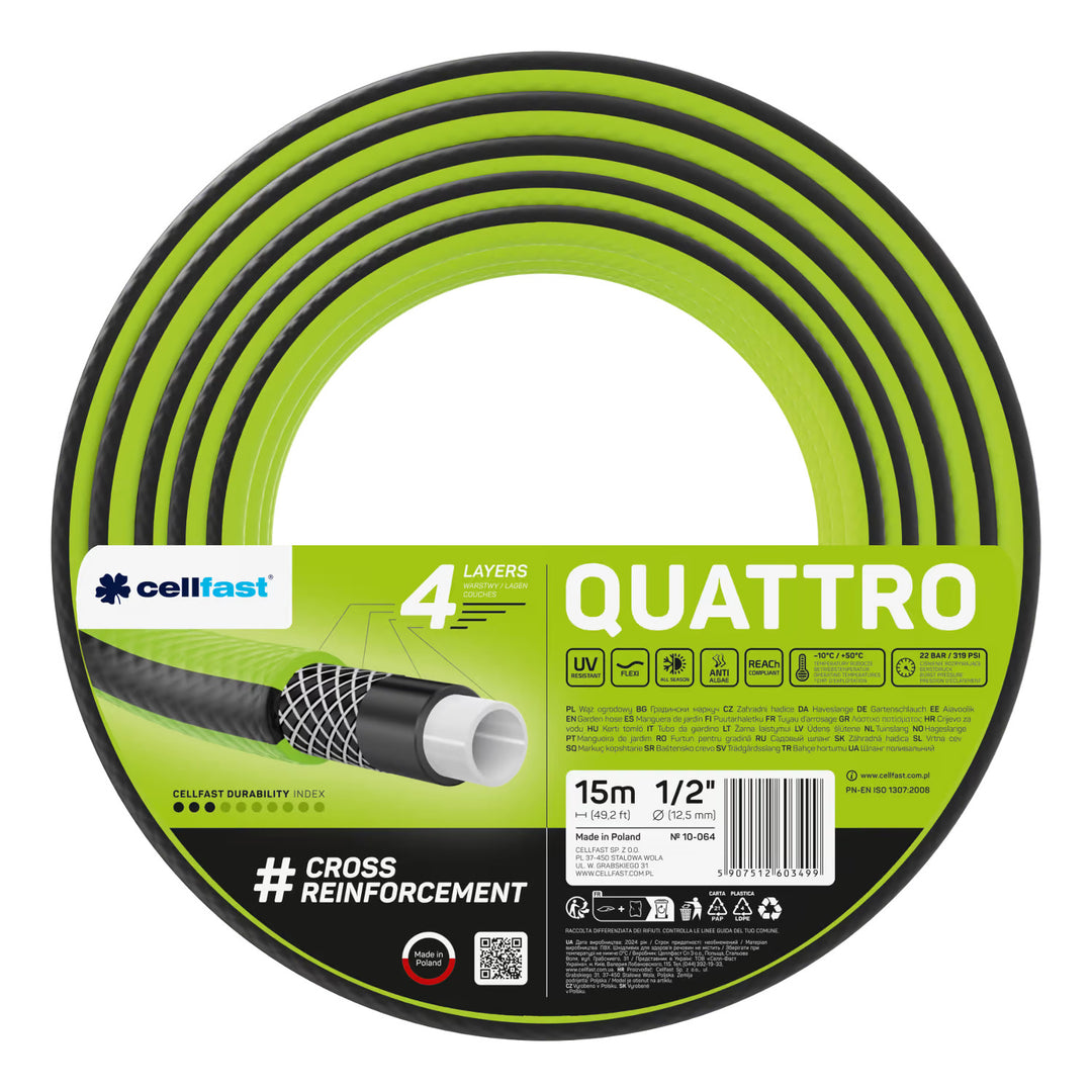 Cellfast Aluplus Schlauchwagen 1/2" 60 m + Cellfast Quattro Gartenschlauch 1/2" 15 m + Set mit Cellfast Basic Sprühkopf 1/2"