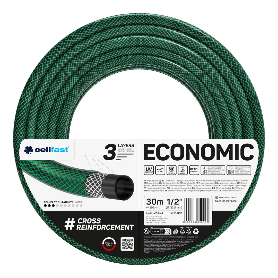 Cellfast Economic Gartenschlauch 1/2" 30 m + Cellfast Schlauchhalter, grau + Set mit Cellfast Basic Geradstrahl-Sprinkler 1/2"