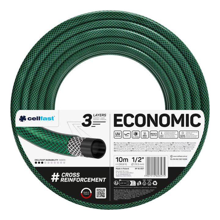 Cellfast Economic Gartenschlauch 1/2" 10 m + Cellfast Schlauchhalter (grau) + Set mit Cellfast Basic Geradsprinkler 1/2"