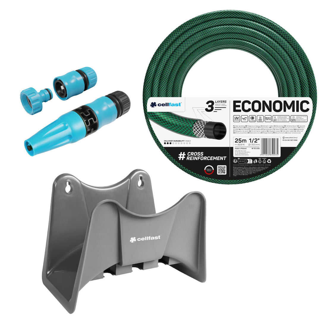 Cellfast Economic Gartenschlauch 1/2" 50 m + Cellfast Schlauchhalter (grau) + Set mit Cellfast Basic 1/2" Sprühdüse