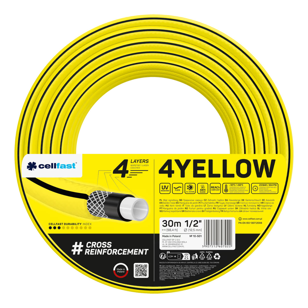 Cellfast-Gartenschlauch 4YELLOW 1/2" 30 m + Cellfast-Schlauchhalter (grau) + Set mit Cellfast Basic-Sprinkler (1/2")