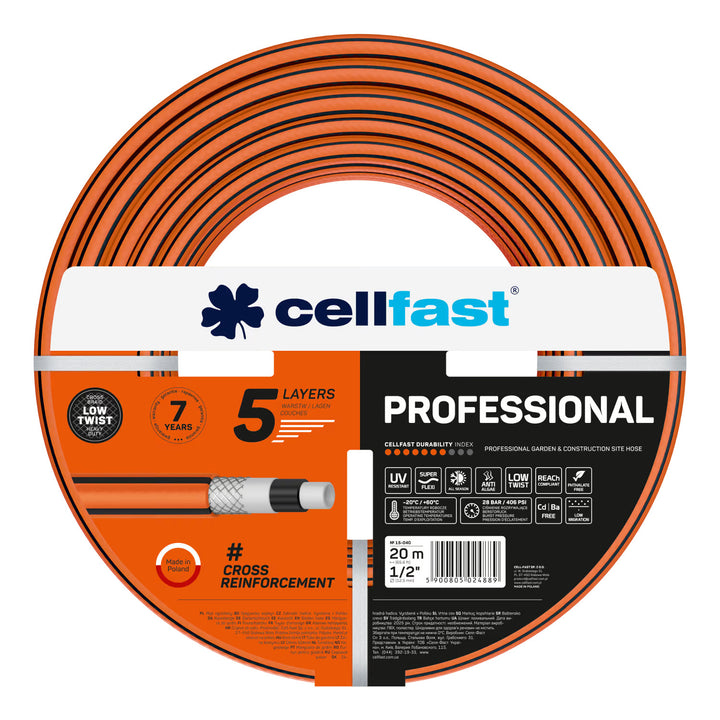 Cellfast-Gartenschlauch, PROFESSIONAL 1/2" 20 m + Cellfast-Schlauchhalter, grau + Set mit Cellfast Basic-Sprinkler 1/2"