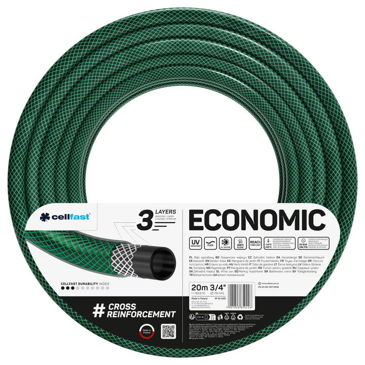 Cellfast Economic Gartenschlauch 3/4" 20 m + gerader Sprühkopf + Anschluss mit 3/4"-Innengewinde + Durchgangs- und Absperr-Schnellkupplung 3/4"