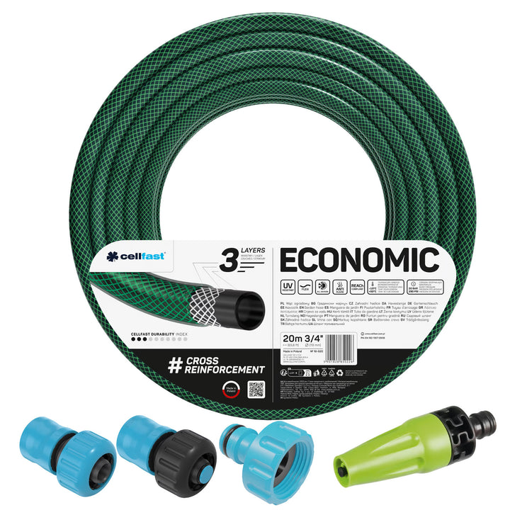 Cellfast Economic Gartenschlauch 3/4" 20 m + gerader Sprühkopf + Anschluss mit 3/4"-Innengewinde + Durchgangs- und Absperr-Schnellkupplung 3/4"