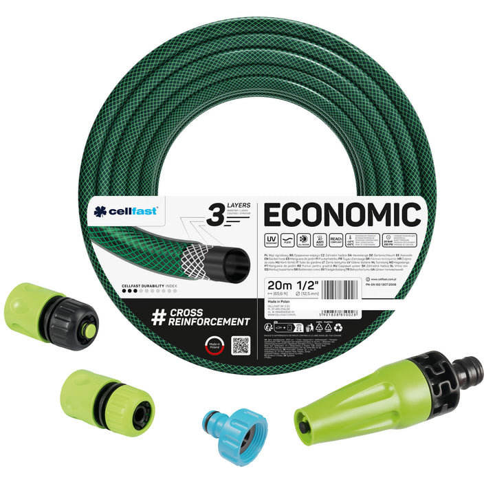 Cellfast Economic Gartenschlauch 1/2" 20 m + gerader Sprühkopf + Anschluss mit 3/4"-Innengewinde + Durchgangs- und Absperr-Schnellkupplung 1/2"