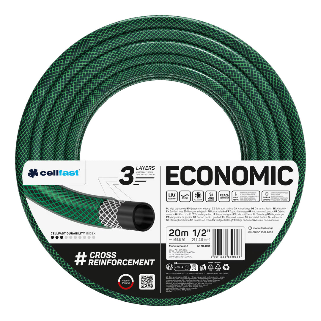 Cellfast Economic Gartenschlauch 1/2" 20 m + Sprühpistole + Anschluss mit 3/4"-Innengewinde + Durchgangs- und Absperr-Schnellkupplung 1/2"