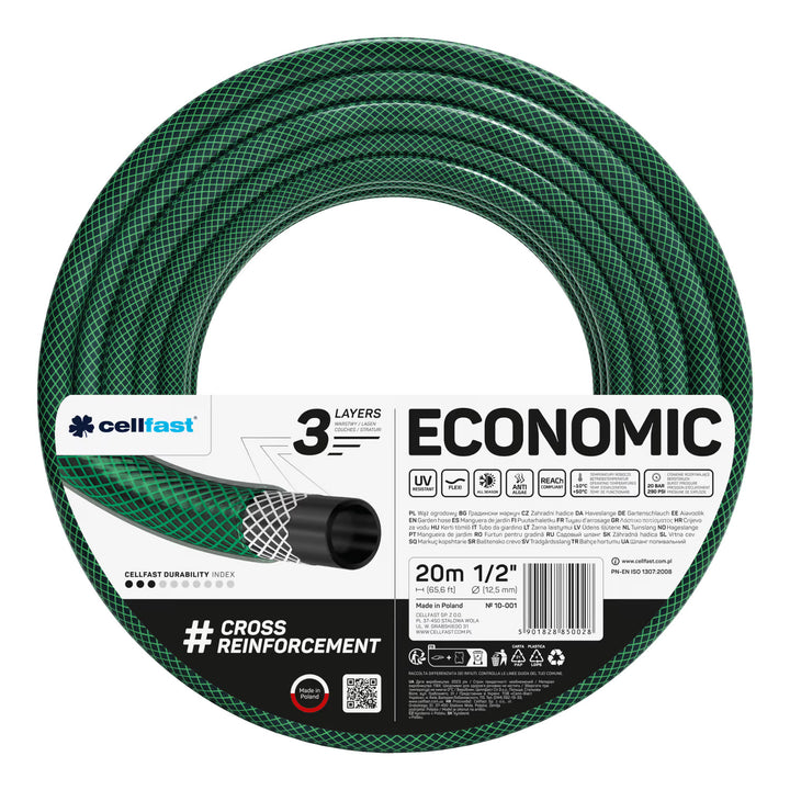 Cellfast Economic Gartenschlauch 1/2" 20 m + Sprühpistole + Anschluss mit 3/4"-Innengewinde + Durchgangs- und Absperr-Schnellkupplung 1/2"