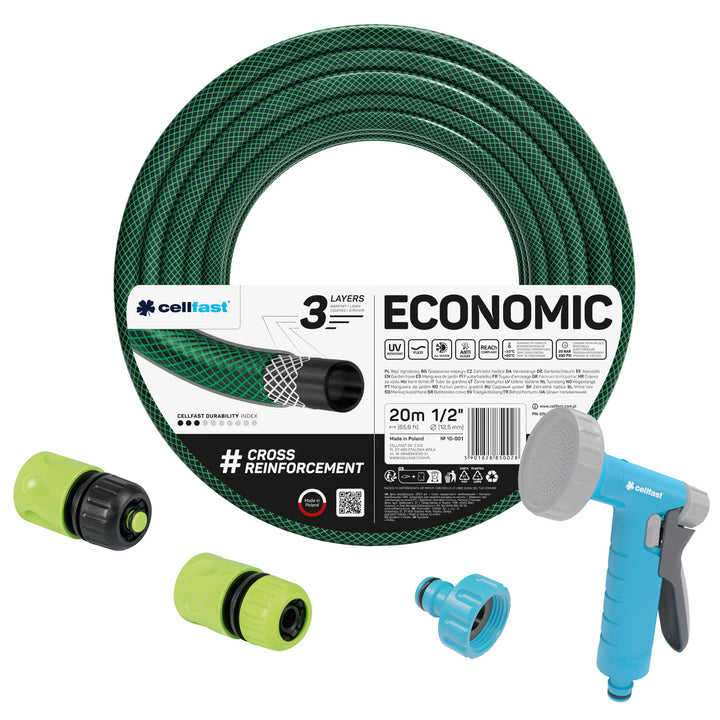 Cellfast Economic Gartenschlauch 1/2" 20 m + Sprühpistole + Anschluss mit 3/4"-Innengewinde + Durchgangs- und Absperr-Schnellkupplung 1/2"