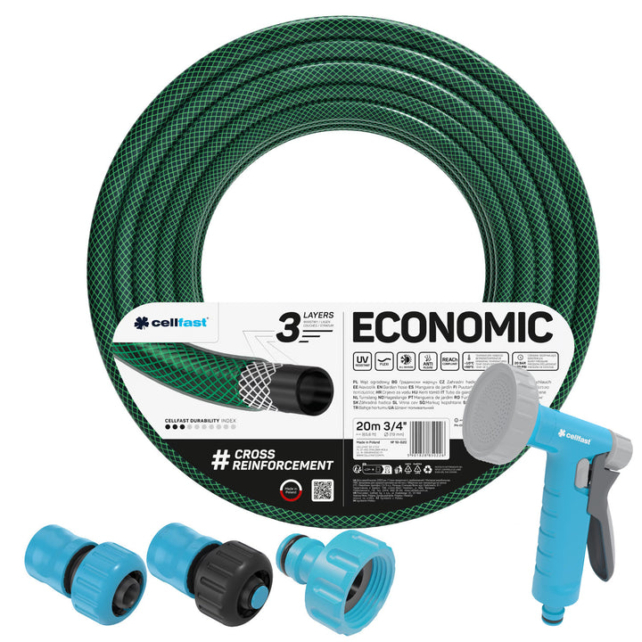 Cellfast Economic Gartenschlauch 3/4" 20 m + Sprühpistole + Anschluss mit 3/4"-Innengewinde + Durchgangs- und Absperr-Schnellkupplung 3/4"