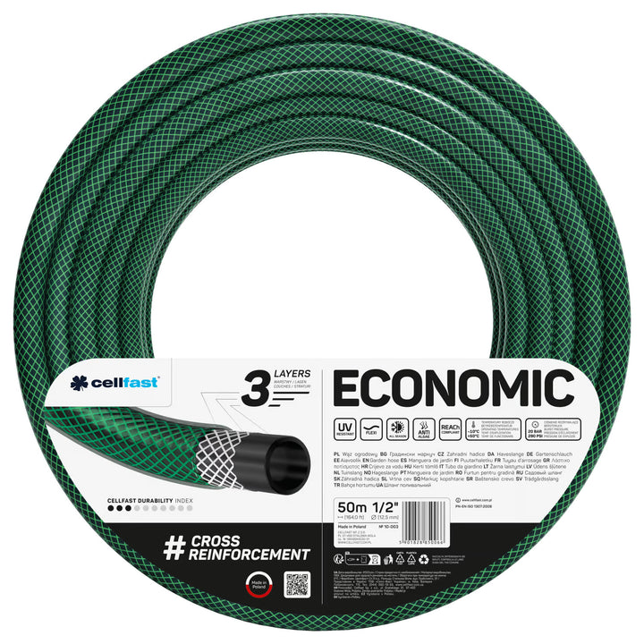 Gartenschlauch Economic 1/2" 50 m + Rollwagen, Anschluss mit 3/4"-Innengewinde, Anschluss mit 1/2"-Außengewinde, Durchgangs- und Stop-Schnellkupplung 1/2" + 8-Funktionen-Spritzpistole Cellfast Mix Ideal