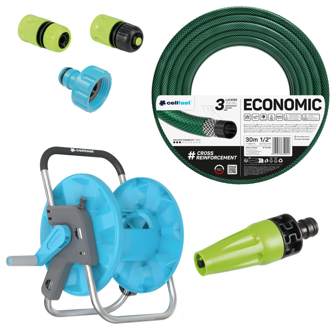 Cellfast Economic Gartenschlauch 1/2" 30 m + Ständer, Anschluss mit 3/4"-Innengewinde, Durchgangs- und Anschlag-Schnellkupplung 1/2" + gerader Sprühkopf Cellfast Economic