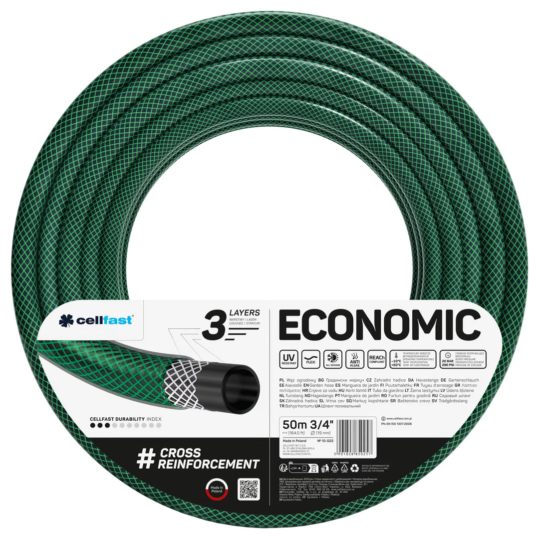 Cellfast Economic Gartenschlauch 3/4" 50 m + Schnellkupplung aus Messing und Durchgang 3/4" + Anschluss mit Innengewinde 3/4" + Schwenkregner + Sprühkopf