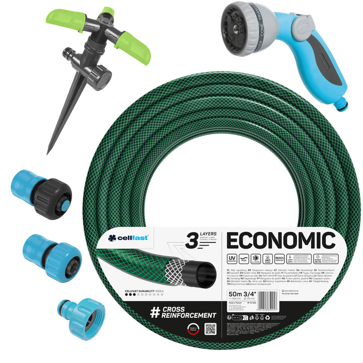 Cellfast Economic Gartenschlauch 3/4" 50 m + Schnellkupplung aus Messing und Durchgang 3/4" + Anschluss mit Innengewinde 3/4" + Schwenkregner + Sprühkopf