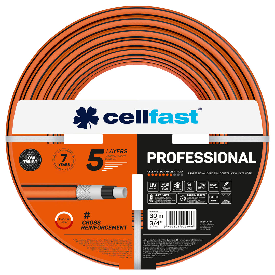 Cellfast Professional Gartenschlauch, Durchmesser 3/4 Zoll, Länge 30 m, 5-lagig