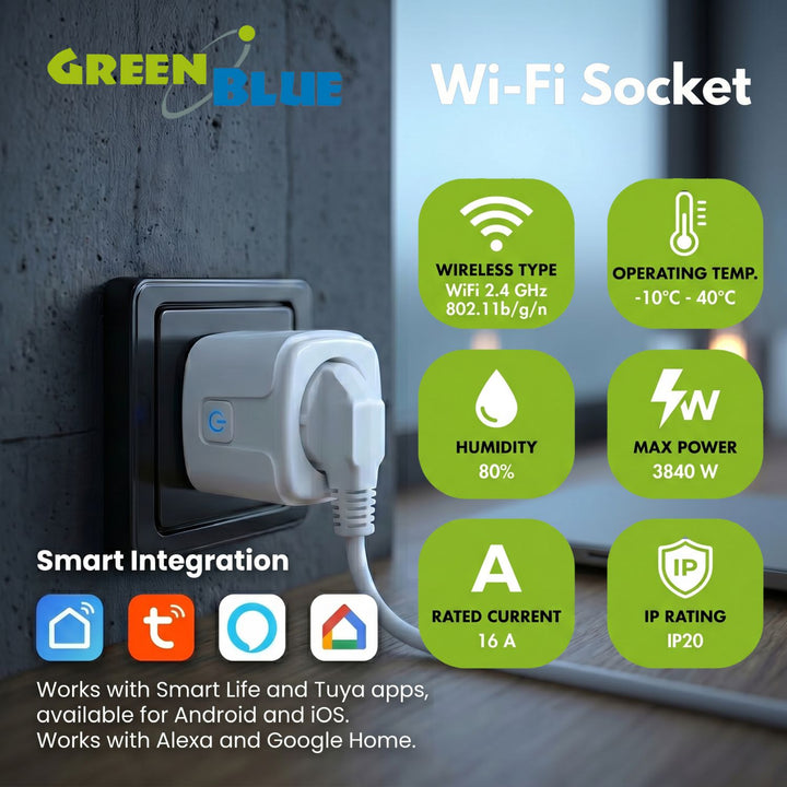 Ferngesteuerte WLAN-Steckdose von GreenBlue, Android/iOS/Alexa/Google Home, Timer, Leistungsmesser, max. 16 A/3840 W, GB735 W, 2 Stück