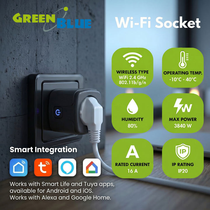 Ferngesteuerte WLAN-Steckdose von GreenBlue, Android/iOS/Alexa/Google Home, Timer, Leistungsmesser, max. 16 A/3840 W, GB735 B, 2 Stück
