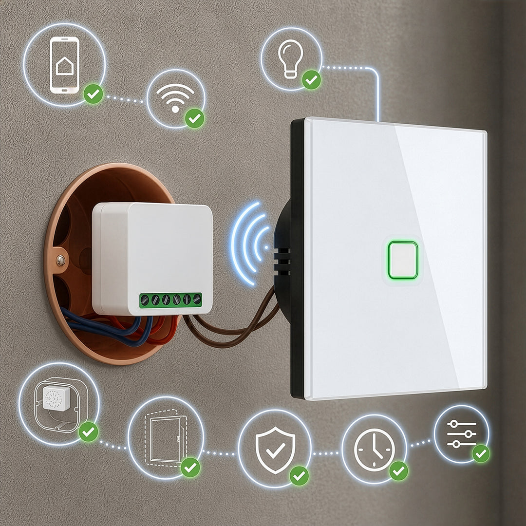 GreenBlue WLAN-Einbaurelais, Android/iOS/Alexa/Google Home, 100–240 V AC, 50/60 Hz, max. 16 A, für LED 150 W, GB739, 4 Stück