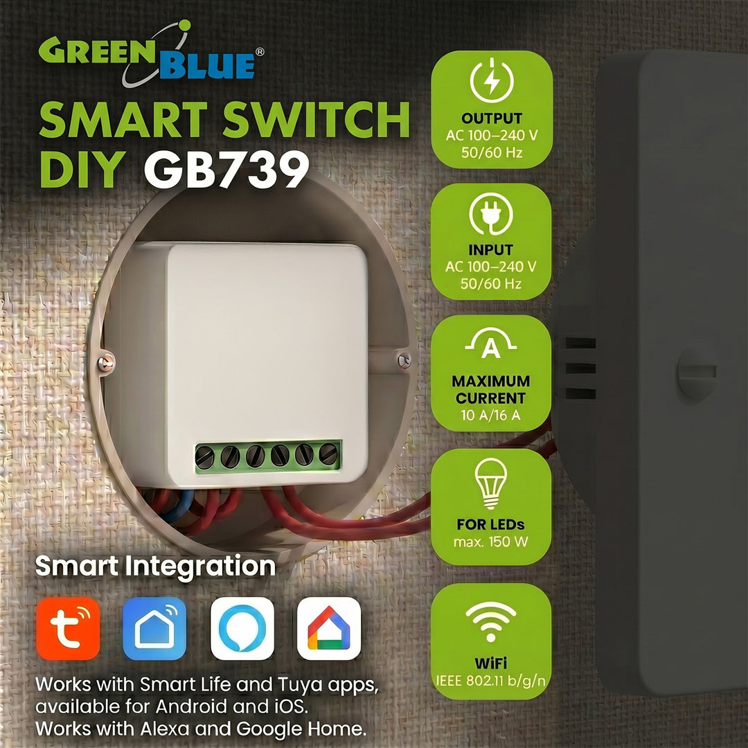GreenBlue WLAN-Einbaurelais, Android/iOS/Alexa/Google Home, 100–240 V AC, 50/60 Hz, max. 16 A, für LED 150 W, GB739, 4 Stück