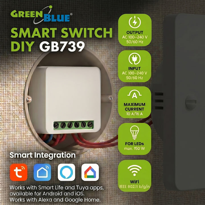 GreenBlue WLAN-Einbaurelais, Android/iOS/Alexa/Google Home, 100–240 V AC, 50/60 Hz, max. 16 A, für LED 150 W, GB739, 4 Stück