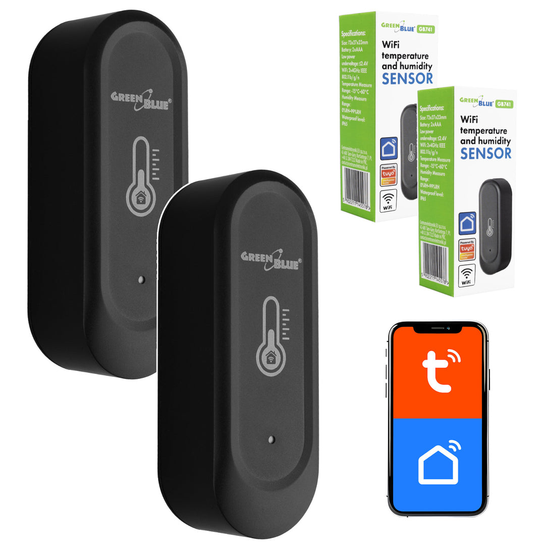 GreenBlue WLAN-Außensensor für Temperatur und Luftfeuchtigkeit, Android/iOS, 3,0 V DC, LR03x2, IP65, GB741, 2 Stück