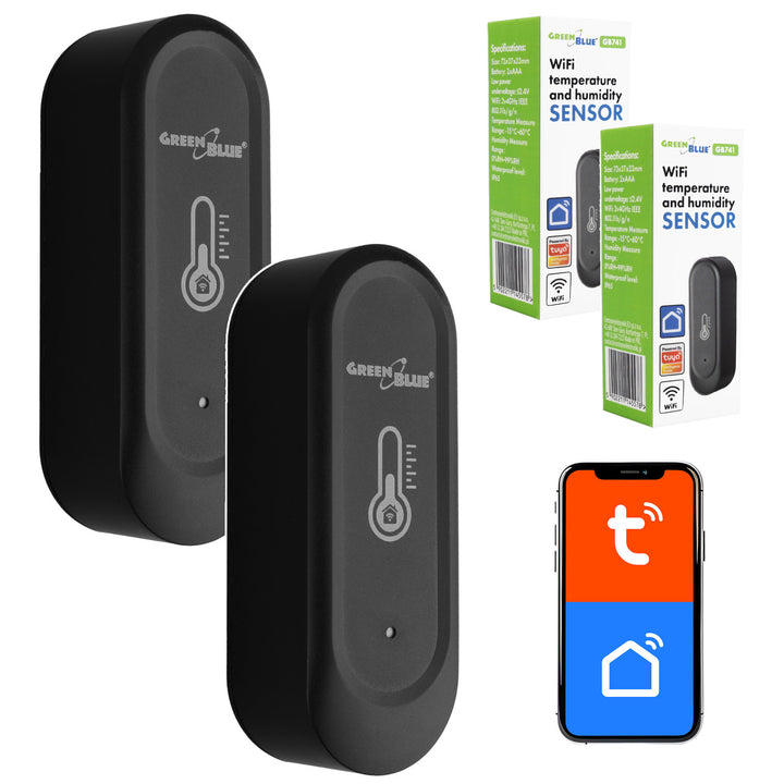 GreenBlue WLAN-Außensensor für Temperatur und Luftfeuchtigkeit, Android/iOS, 3,0 V DC, LR03x2, IP65, GB741, 2 Stück