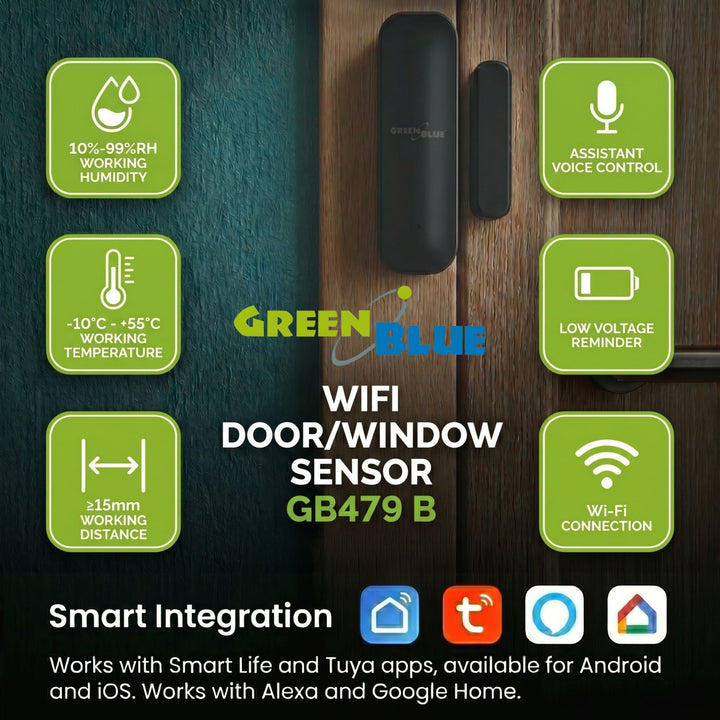 Drahtloser Reed-Schalter / WLAN-Öffnungssensor von GreenBlue, Android/iOS, für Türen / Fenster, 3,0 V DC, LR03x2, GB479 B, 2 Sets