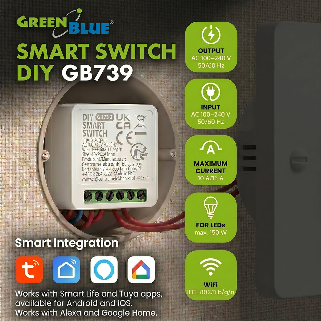 GreenBlue WLAN-Einbaurelais, Android/iOS/Alexa/Google Home, 100–240 V AC, 50/60 Hz, max. 16 A, für LED 150 W, GB739, 3 Stück