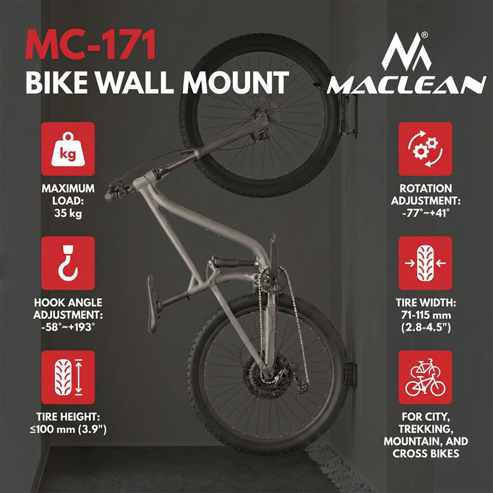 Maclean Fahrradhalterung / Wandhalterung, max. Belastbarkeit 35 kg, Neigungswinkel einstellbar, Stahl, MC-171, 2 Stück