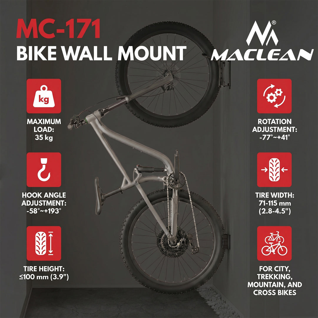 Maclean Fahrradhalter/-aufhänger für die Wandmontage, max. Tragkraft 35 kg, Neigungswinkel einstellbar, Stahl, MC-171, 3 Stück