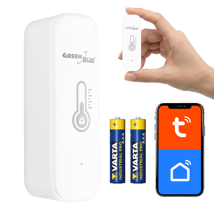 GreenBlue WLAN-Temperatur- und Feuchtigkeitssensor, Android/iOS/Alexa/Google Home, 3,0 V DC, LR03x2, GB737 + 2x R-03 LR03 AAA-Alkalibatterie von Varta Industrial 4003