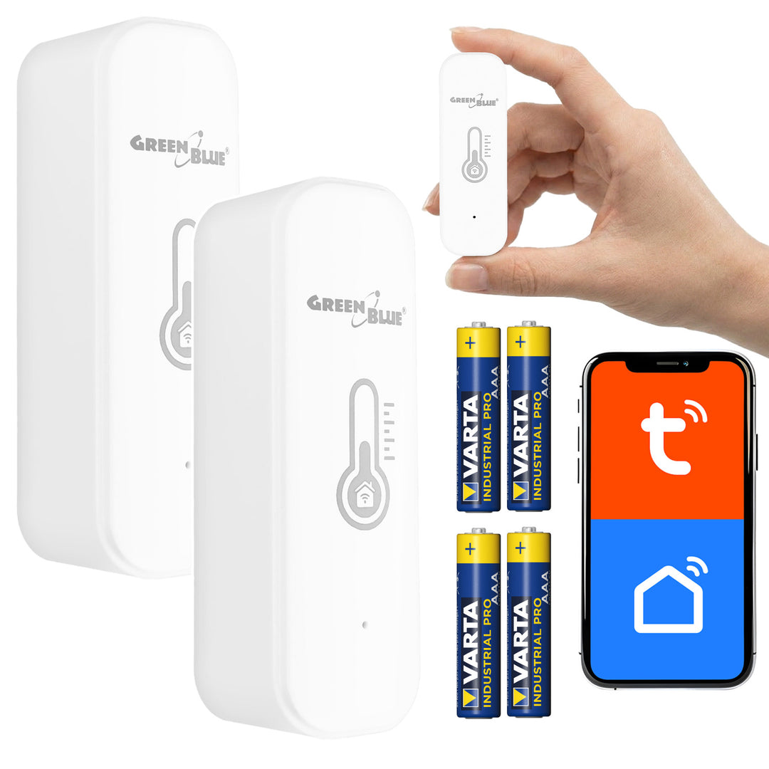 GreenBlue WLAN-Temperatur- und Feuchtigkeitssensor, Android/iOS/Alexa/Google Home, 3,0 V DC, LR03x2, GB737, 2 Stück + 4x Varta Industrial 4003 AAA-Alkalibatterien