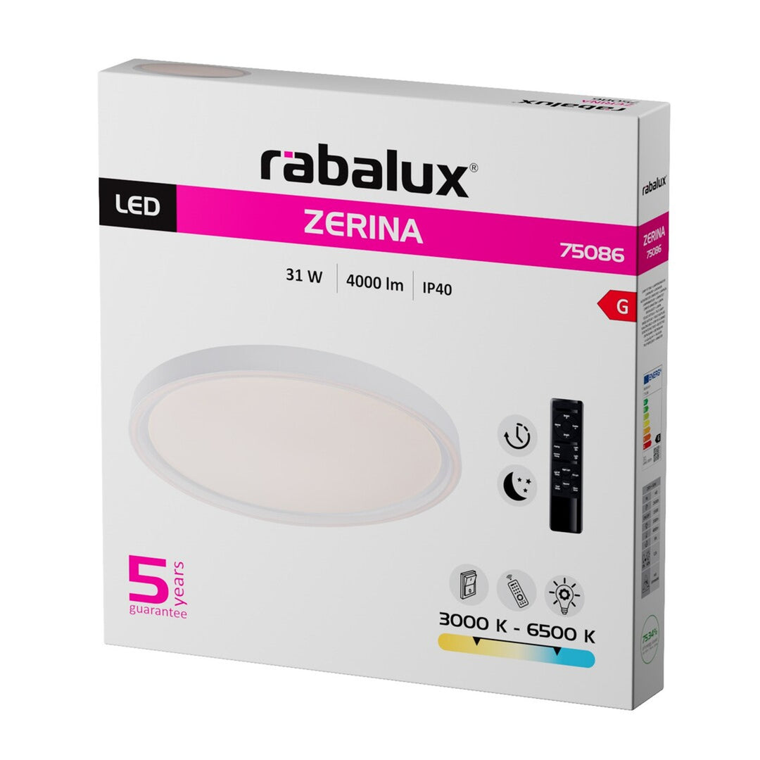 Rabalux Zerina Deckenleuchte, 31 W, IP40, weiß, 3000–6500 K, Speicherfunktion, mit Fernbedienung, Timer-Funktion, Nachtlicht-Effekt, 75086