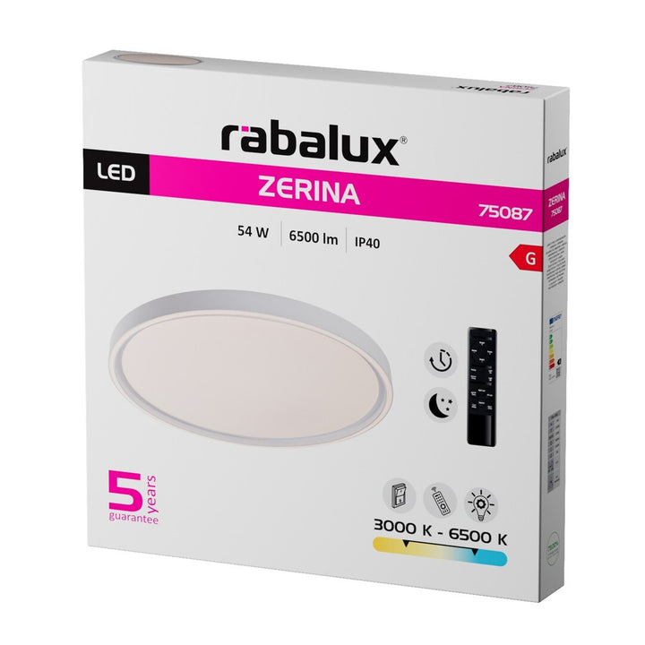 Rabalux Zerina Deckenleuchte, 54 W, IP40, weiß, 3000–6500 K, Speicherfunktion, mit Fernbedienung, Timer-Funktion, Nachtlicht-Effekt, 75087
