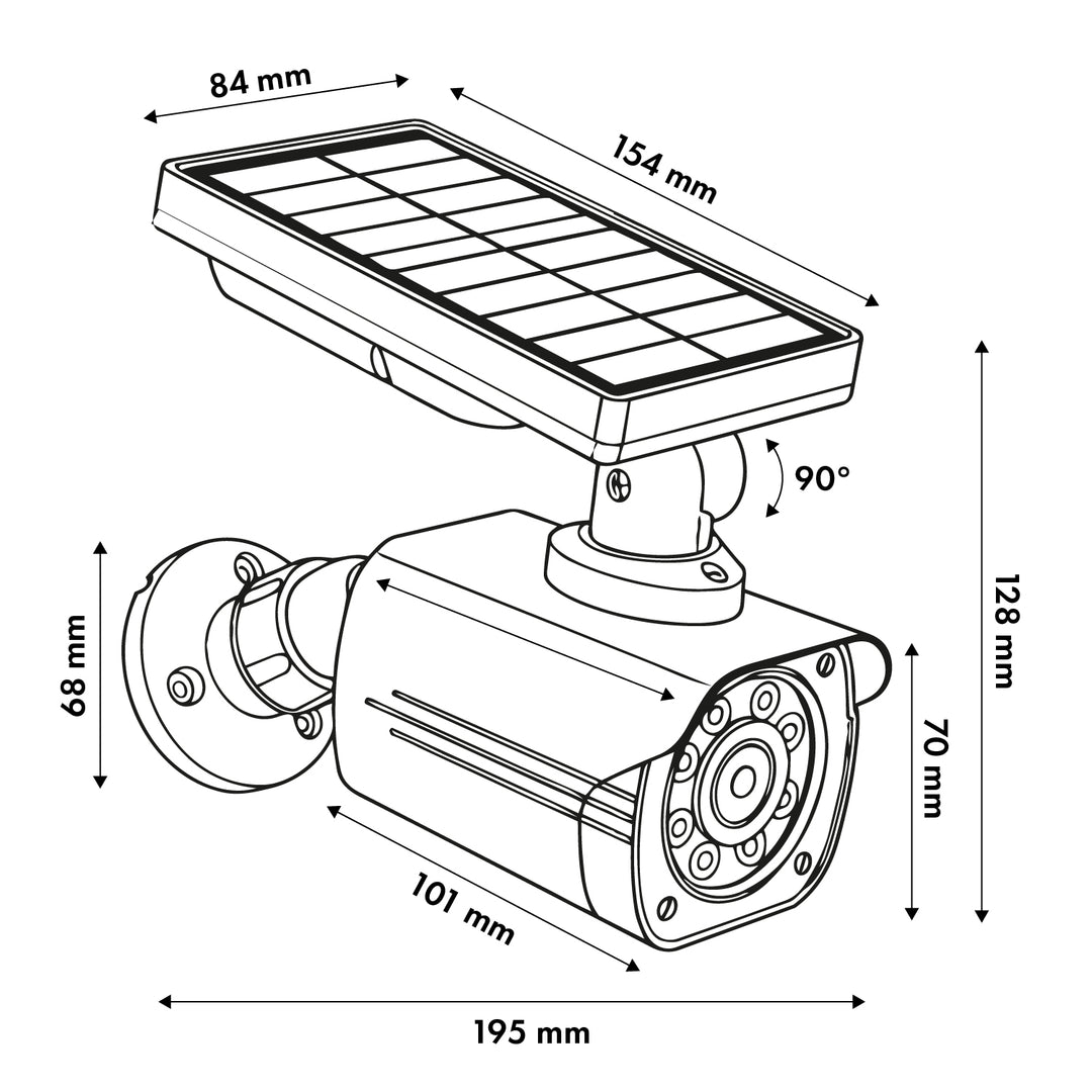 Solarbetriebene Attrappe einer Überwachungskamera, blinkende LED, Bewegungsmelder, LED-Beleuchtung, Aufkleber im Lieferumfang enthalten, SOL1800S/B, 4 Stück