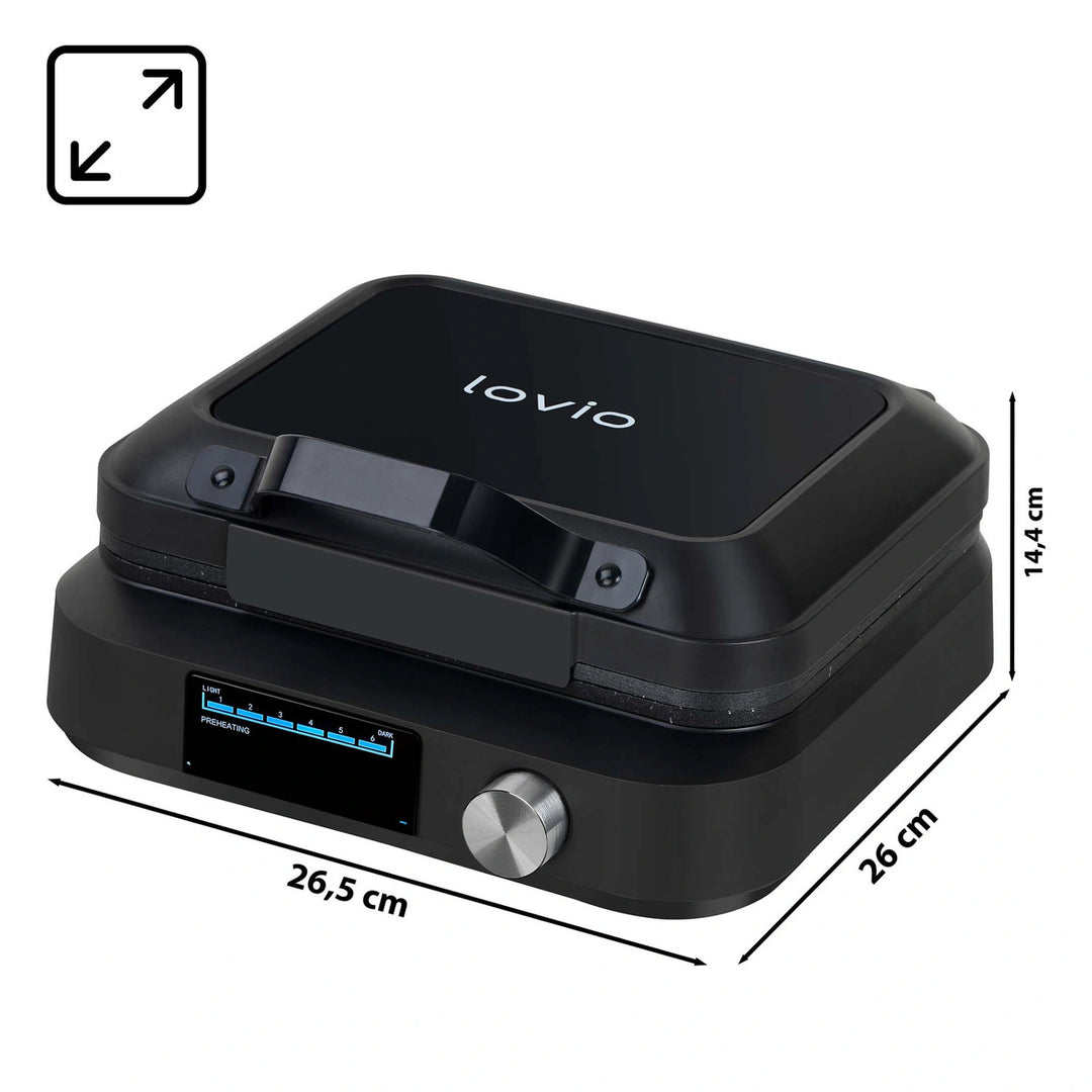 LOVIO PerfectCrisp Waffeleisen, 2 große Waffeln, 1500 W, 6 Bräunungsstufen, LVWF002BK