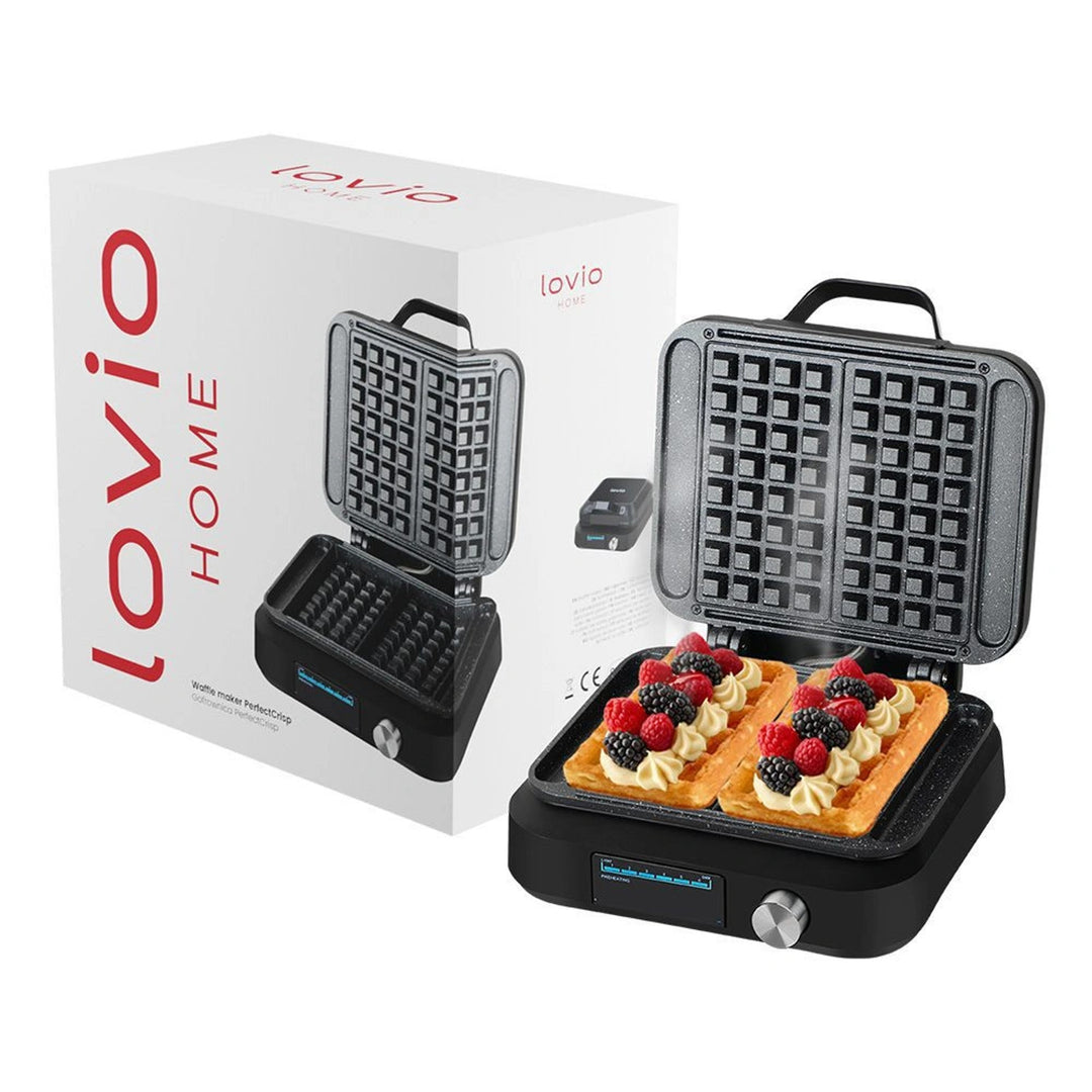 LOVIO PerfectCrisp Waffeleisen, 2 große Waffeln, 1500 W, 6 Bräunungsstufen, LVWF002BK