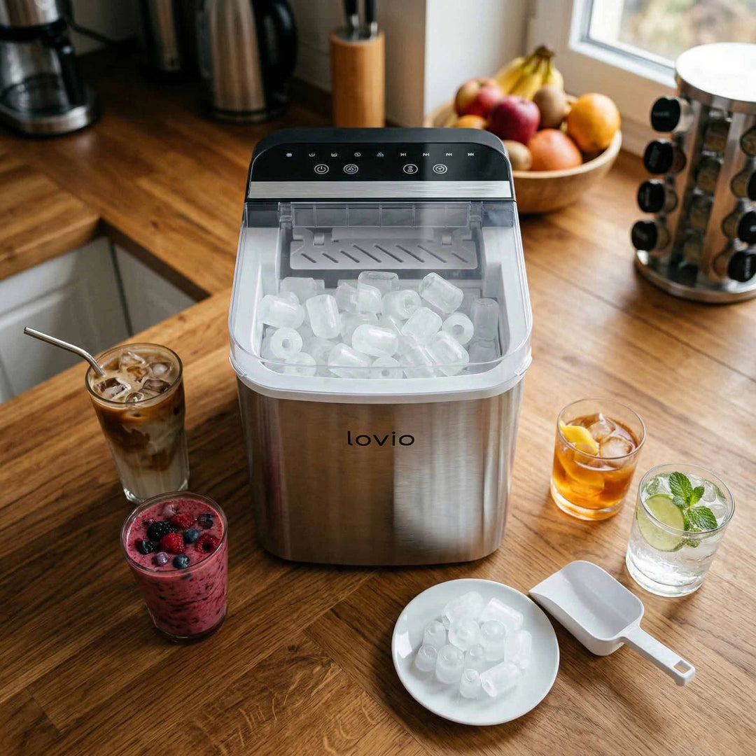 Lovio Crystal Ice Plus Eiswürfelmaschine für den Hausgebrauch, aus Edelstahl, silberfarben, für die schnelle Eiszubereitung