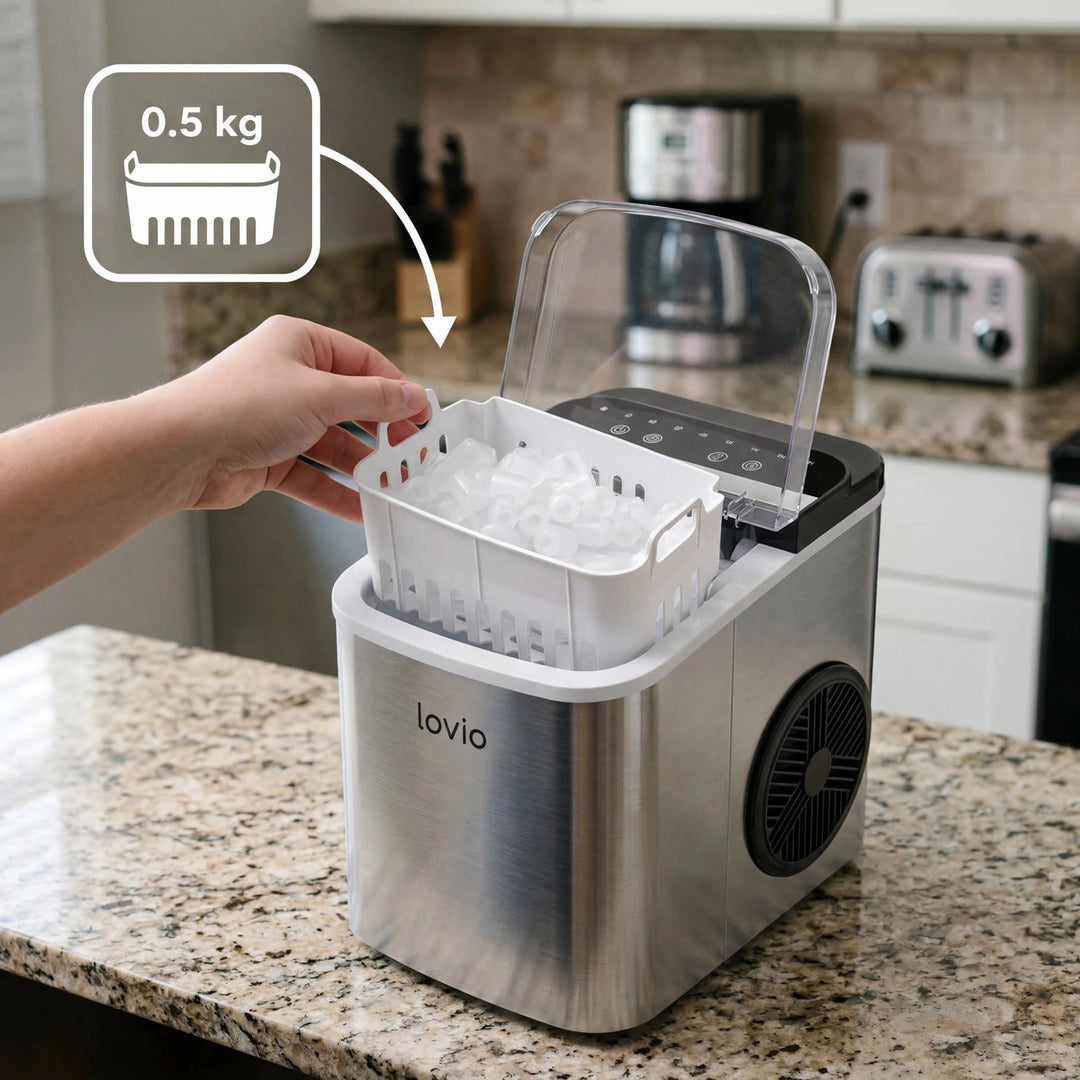 Lovio Crystal Ice Plus Eiswürfelmaschine für den Hausgebrauch, aus Edelstahl, silberfarben, für die schnelle Eiszubereitung