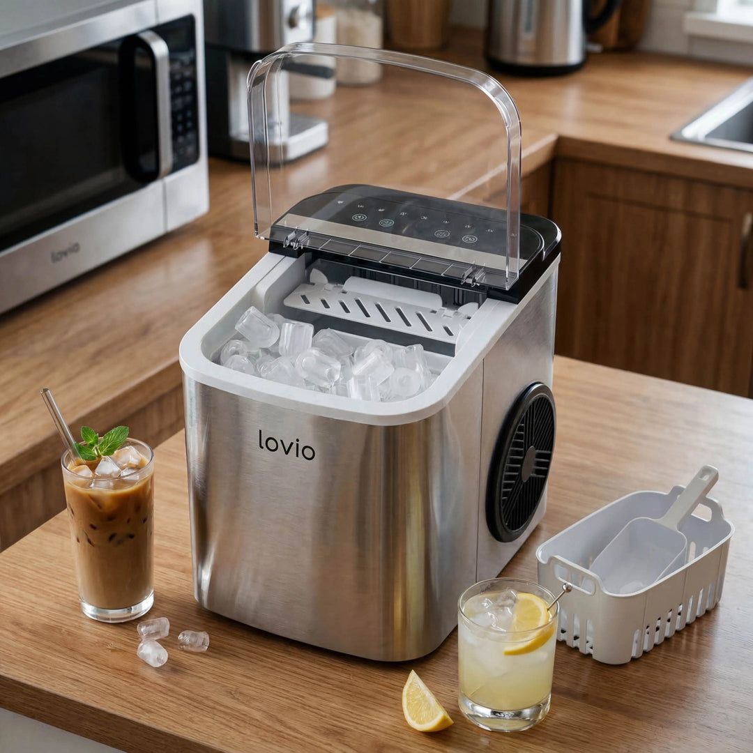 Lovio Crystal Ice Plus Eiswürfelmaschine für den Hausgebrauch, aus Edelstahl, silberfarben, für die schnelle Eiszubereitung