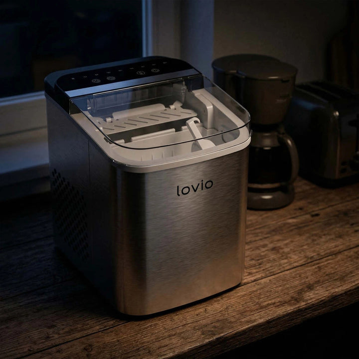 Lovio Crystal Ice Plus Eiswürfelmaschine für den Hausgebrauch, aus Edelstahl, silberfarben, für die schnelle Eiszubereitung
