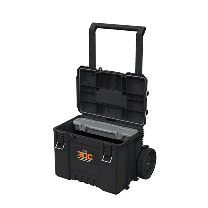 Set mit 3 Werkzeugkisten Keter ROC Pro Gear 2.0, Gesamtfassungsvermögen 110 l, Schutzklasse IP65, abnehmbarer Teleskopgriff, mit Vorhängeschloss verschließbar, 256982