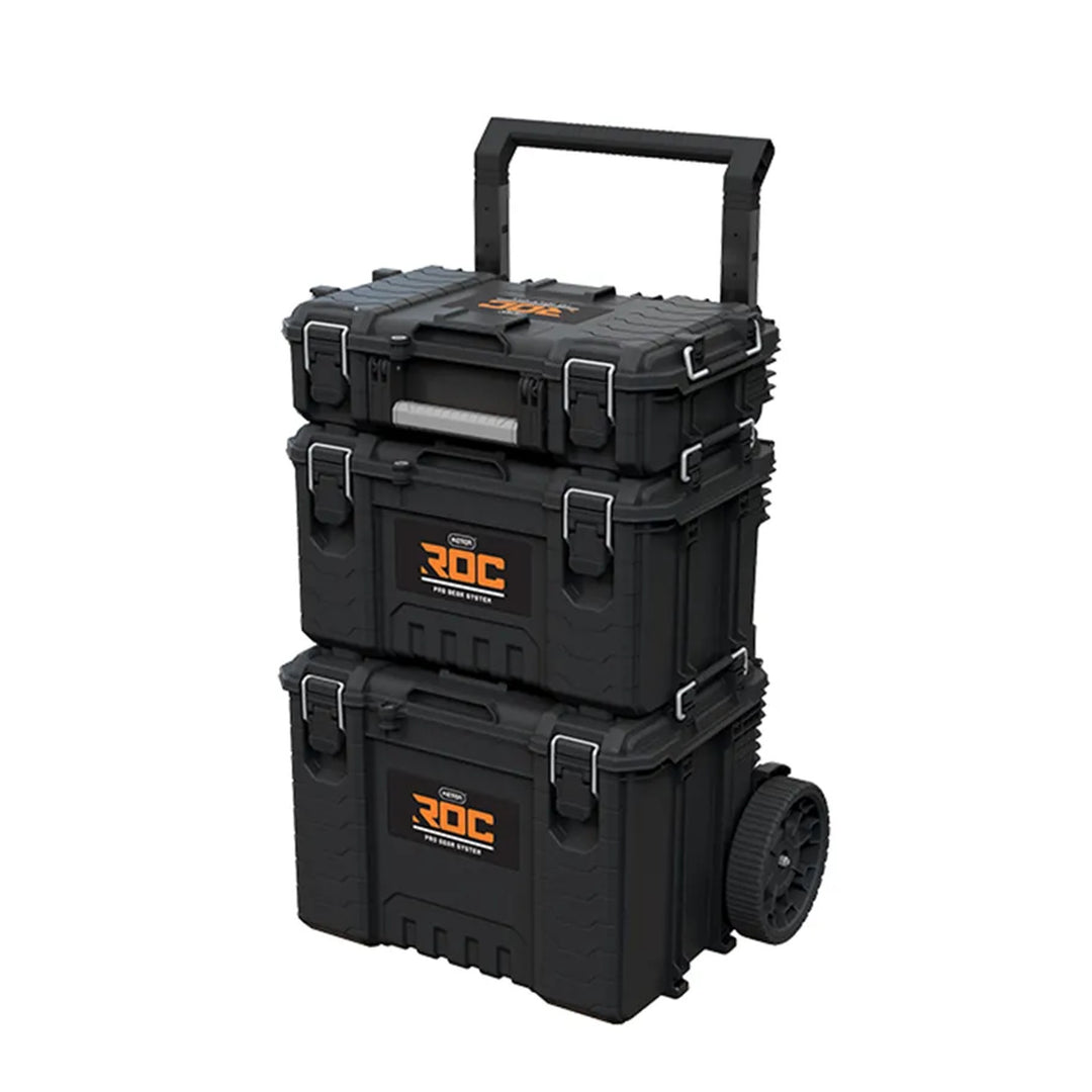 Set mit 3 Werkzeugkisten Keter ROC Pro Gear 2.0, Gesamtfassungsvermögen 110 l, Schutzklasse IP65, abnehmbarer Teleskopgriff, mit Vorhängeschloss verschließbar, 256982