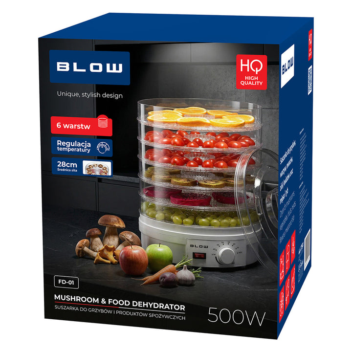 Blow-Trockner für Pilze, Gemüse und Obst, Leistung 500 W, 6 Siebe im Lieferumfang enthalten, Temperaturregelung 35–75 °C, 44–175