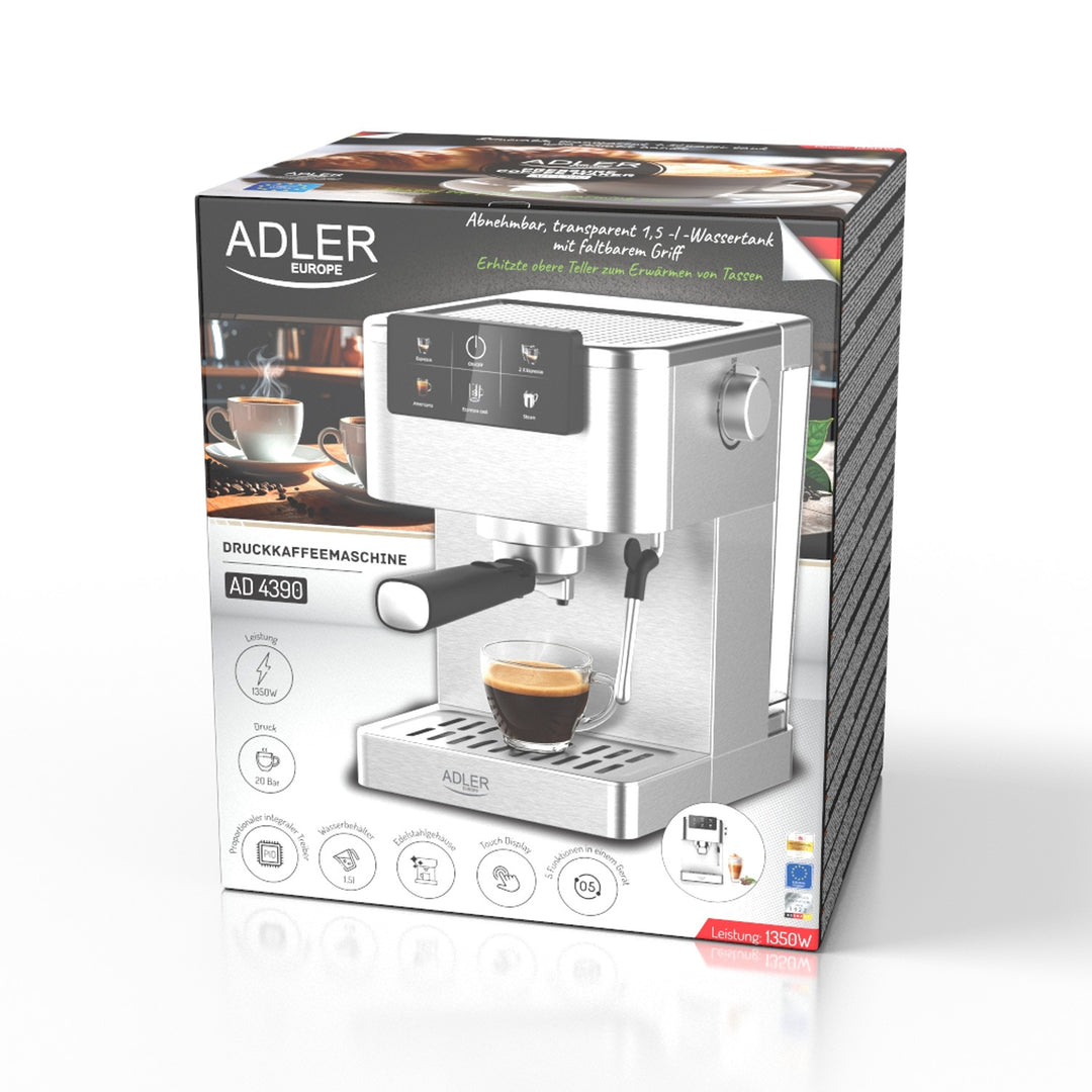 Kaffeemaschine mit 20 bar, Thermoblock, Milchaufschäumer, 5-in-1, Adler AD 4390