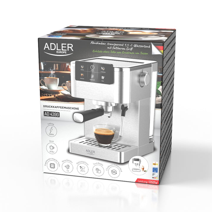 Kaffeemaschine mit 20 bar, Thermoblock, Milchaufschäumer, 5-in-1, Adler AD 4390