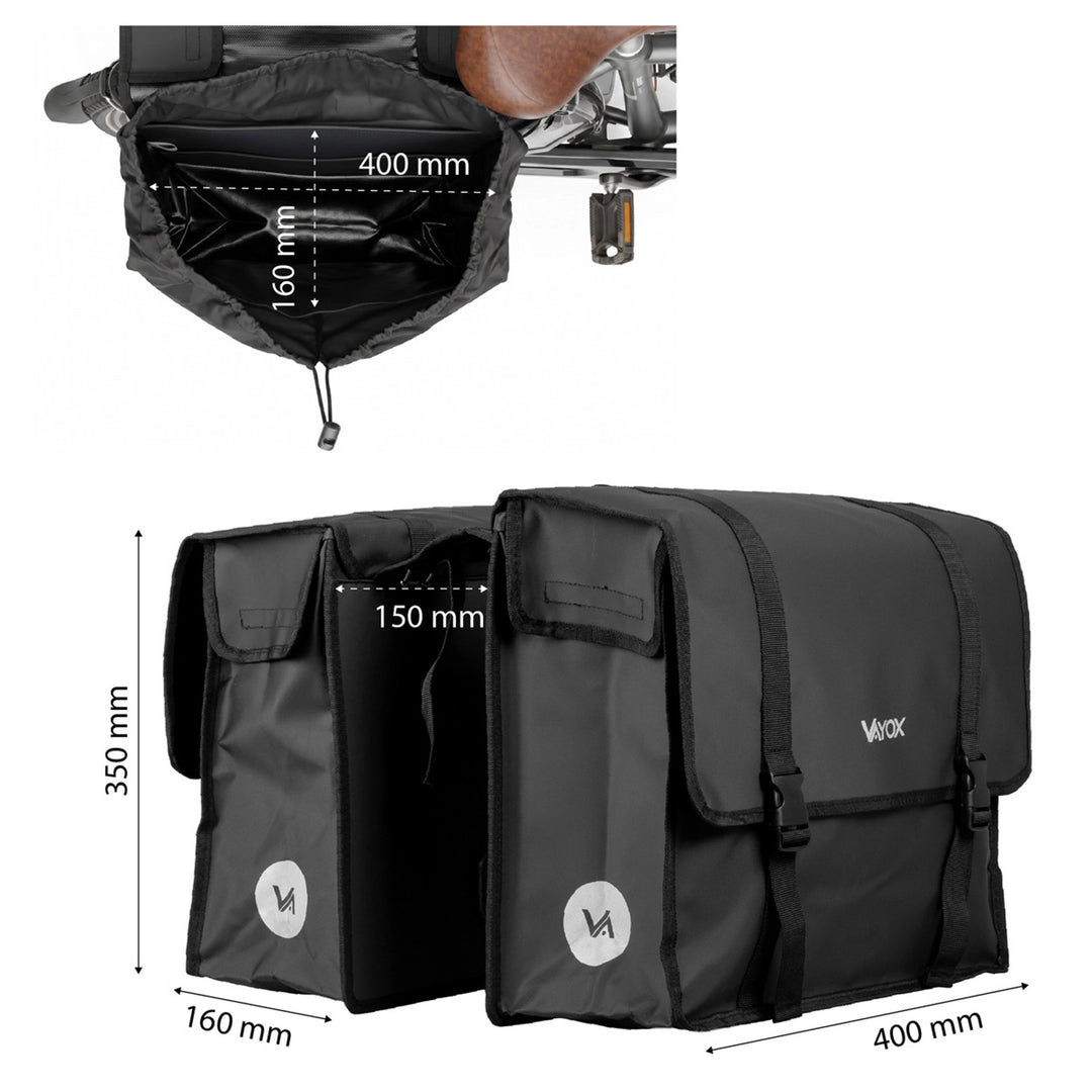 Doppelte PVC-Fahrradtasche für den Gepäckträger mit Halterung, schwarz, 40 l, VA0446, Vayox