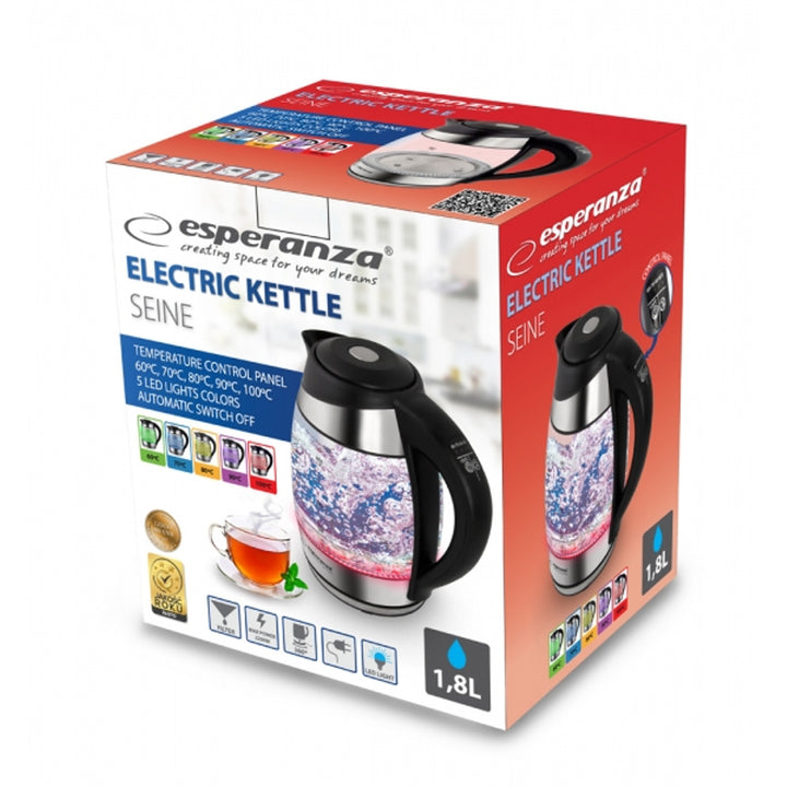 Elektrischer Wasserkocher, aus Glas, mit LED-Anzeige und Thermostat, 1,8 l, Esperanza